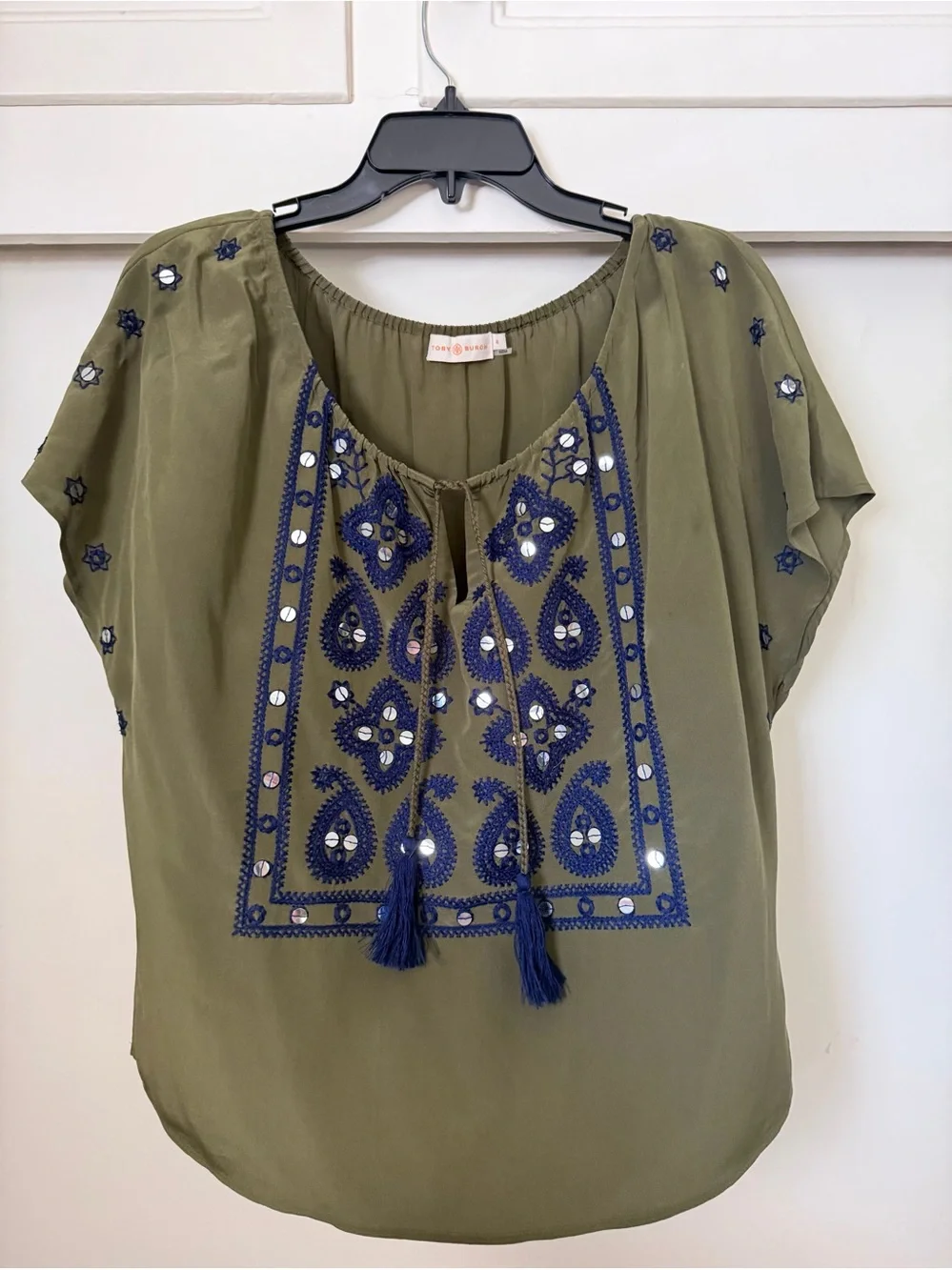 Tory Burch Olive Green Peasant Blouse with Navy Embroidery